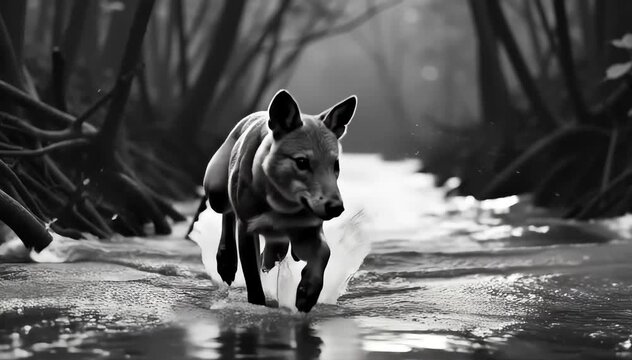 Dhole running swiftly through dense forest
