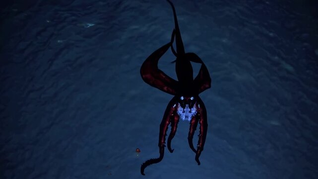 Aerial view of a deep-sea creature with glowing eyes, set against a dark ocean backdrop, creating a mysterious video game atmosphere. Live desktop wallpaper.