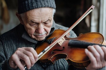 Elderly craftsman playing a handmade violin with a bow in his workshop, demonstrating his passion and expertise