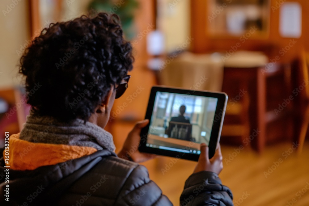 Poster student holding a tablet and wearing headphones while attending an online class in a vibrant univers