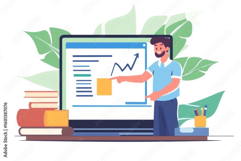Poster teacher pointing at growth chart on laptop screen during an online class, explaining data analysis a
