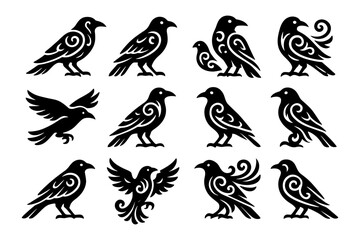 Elegant crow silhouettes with ornamental patterns in black and white