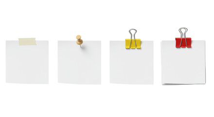 Four fresh white square paper notes with tape, wood thumbtack, yellow paperclip, and red binder clip stack, on a clean white background with soft shadows, high-angle studio shot. Concept of office