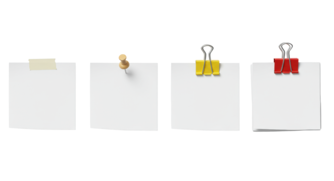 Four fresh white square paper notes with tape, wood thumbtack, yellow paperclip, and red binder clip stack, on a clean white background with soft shadows, high-angle studio shot. Concept of office