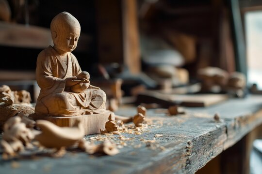 Wooden Buddha statue sitting on a carpenter's workbench, surrounded by wood shavings and carving tools, in a tranquil workshop setting