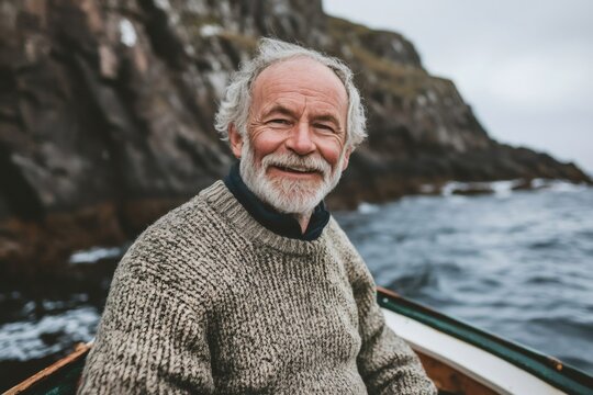 Smiling senior fisherman rowing a traditional wooden boat through the picturesque Scottish sea, embracing a joyful outdoor lifestyle