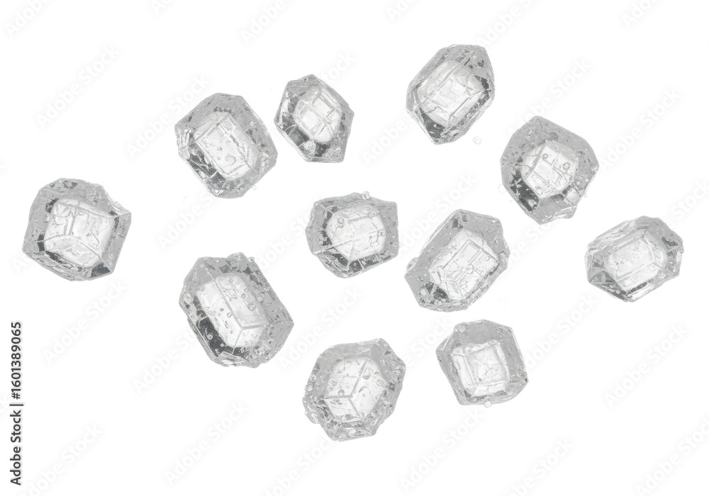 Poster several clear, irregularly shaped sugar crystals of various sizes falling dynamically against a pris