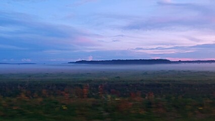 Side view from the window of a moving car. beautiful and peaceful view in the rainy season. vast...