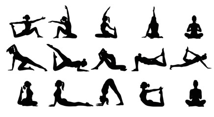 Silhouette collection of women in various yoga poses for fitness and wellness practices on white background