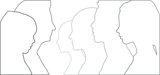 Outlined Silhouettes of Diverse Human Profiles Facing Each Other. Minimal Line Art on Beige Background. Vector illustration.
