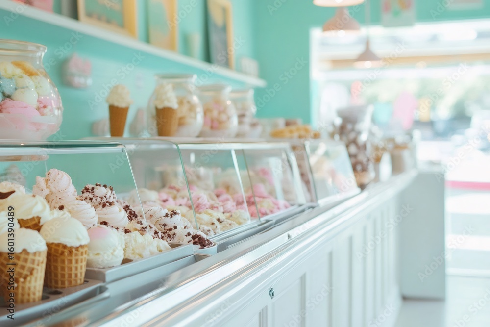 Poster display case featuring various meringue and cupcakes in an ice cream shop, creating a sweet and temp