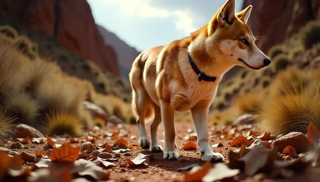 Dingo walking carefully near rocky terrain