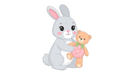 Cute gray rabbit holding a teddy bear