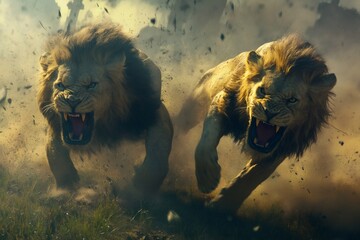 Naklejka premium Two male lions running and roaring fiercely during a fight in the African savanna, dust and debris flying around them