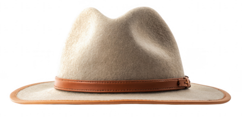 Beige felt hat with a brown leather band on a white background, png, transparent