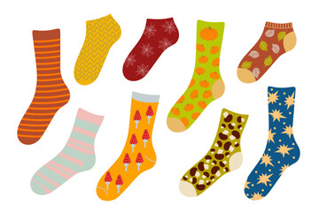 Warm knit socks collection autumn or fall clothes doodle hand drawn illustration, woollen or cotton footwear with various ornaments, fashionable trendy accessory for seasonal themed design, decor