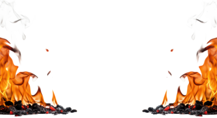 Dynamic, vibrant orange, red, yellow flames with flickering tips, glowing embers sparking, and translucent smoke rising against a stark transparent background with central copy space, UHD front view,