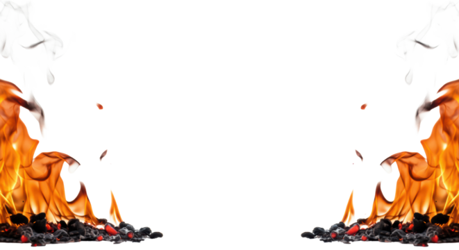 Dynamic, vibrant orange, red, yellow flames with flickering tips, glowing embers sparking, and translucent smoke rising against a stark transparent background with central copy space, UHD front view,