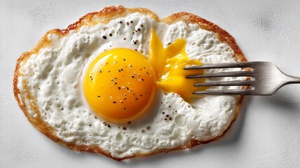 Fried egg with a perfectly cooked yolk, golden and runny, is being pierced by a fork, showcasing delicious breakfast food on a transparent background for culinary use	