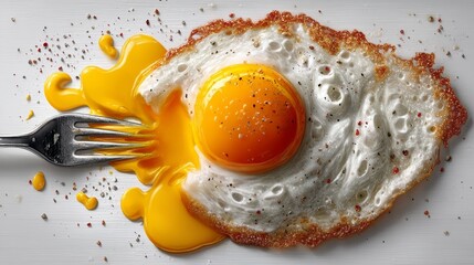 Fried egg with a perfectly cooked yolk, golden and runny, is being pierced by a fork, showcasing delicious breakfast food on a transparent background for culinary use	