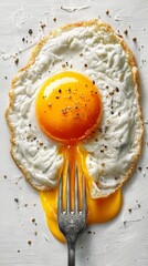 Fried egg with a perfectly cooked yolk, golden and runny, is being pierced by a fork, showcasing delicious breakfast food on a transparent background for culinary use	
