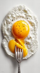 Fried egg with a perfectly cooked yolk, golden and runny, is being pierced by a fork, showcasing delicious breakfast food on a transparent background for culinary use	