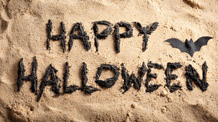 Fototapeta premium Playful Halloween Message HAPPY HALLOWEEN in Sand with Small Icon Details for Festive Coastal Designs