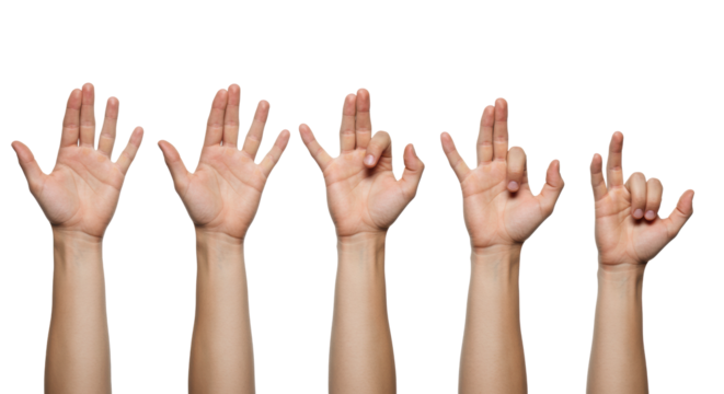 Five distinct caucasian hands, each in a precise pinching gesture showing a size gradient from large to tiny, on a transparent studio background with ample copy space, perfectly even studio