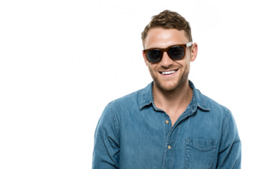 a handsome, smiling man wearing sunglasses and a casual denim shirt, png, transparent