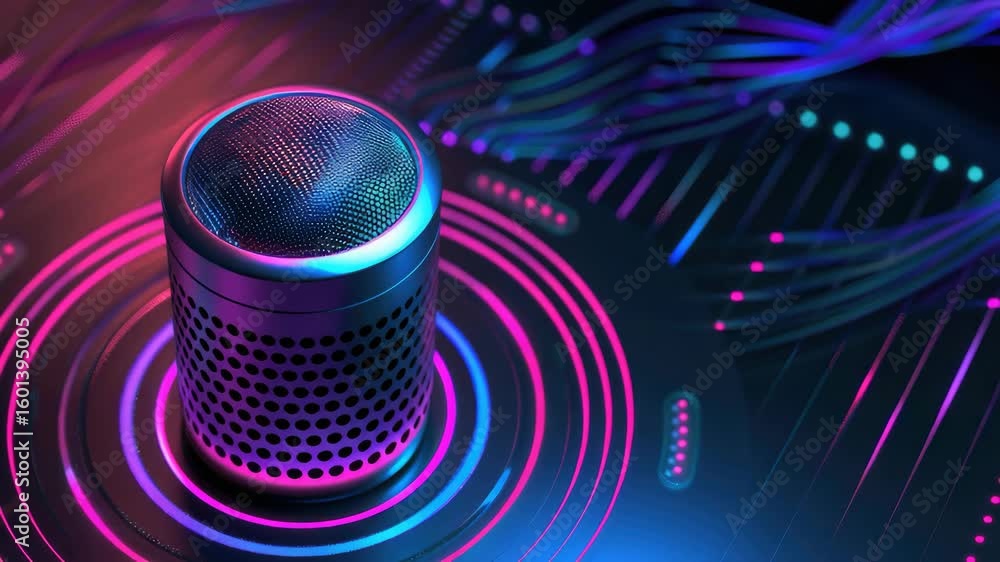 Aufkleber a modern, cyberpunk microphone on a sleek computer interface with neon lights and digital patterns.
