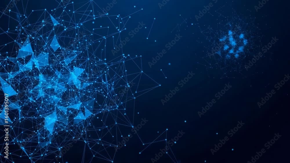 Poster abstract blue network of interconnected points and lines on a dark background