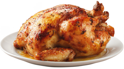 a whole roasted chicken on a dish, isolated on a white background, png, transparent