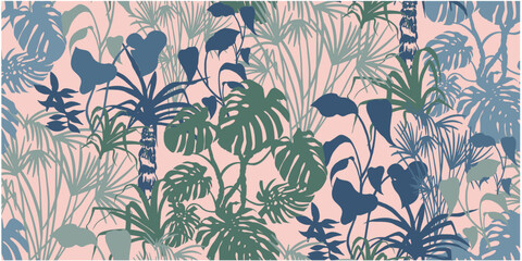modern tropical pattern with monstera bushes in practical unisex shades on vector for surface and fabric design