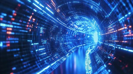 A futuristic tunnel filled with vibrant digital and neon lights, symbolizing cyberpunk adventure or virtual reality.