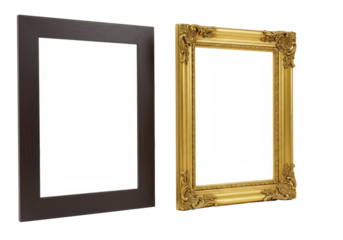 A minimalist dark wood and intricate gold picture frame stand adjacent on a transparent seamless background with ample negative space, professional product display concept.
