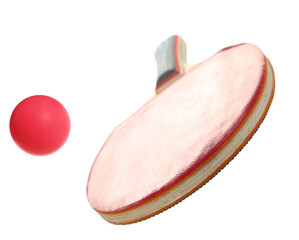 Ping pong racket with red ball isolated on white background, sport	
