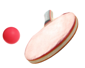 Ping pong racket with red ball isolated on white background, sport	