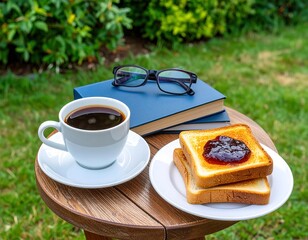 Una taza de café, un par de tostadas con mermelada en un plato al lado de un libro cerrado arriba unos anteojos