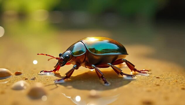 Diving beetle walking on pond bottom