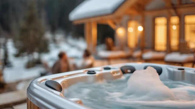 Escape to cozy cabin nestled in mountains and unwind in soothing outdoor jacuzzi. Experience ultimate winter relaxation as you soak in warm water while admiring breathtaking snowy landscape