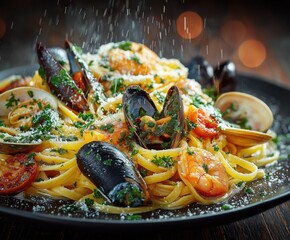 Delicious linguine with seafood, sprinkling grated cheese on top