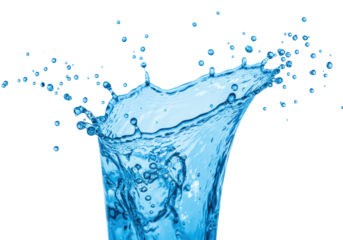 A large, dynamic splash of crystal clear, vibrant azure blue water, frozen mid-motion, with spherical droplets and tiny bubbles, against an immaculate transparent studio background, high-key lighting,