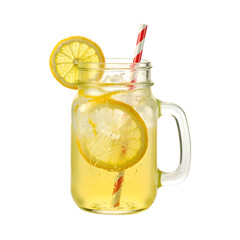 Refreshing lemonade in a rustic mason jar garnished with ice and fresh lemon slices Perfect for summer concepts