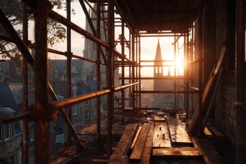 Fototapeta premium Scaffolding Frames Distant Church Spire at Golden Hour