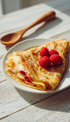Delicious crepe topped with fresh raspberries on a white plate