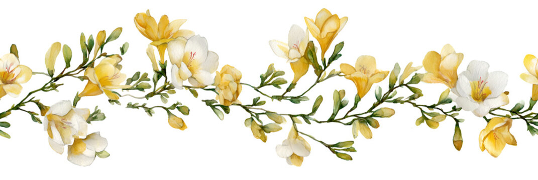 Seamless butter yellow freesia vines in delicate watercolour style