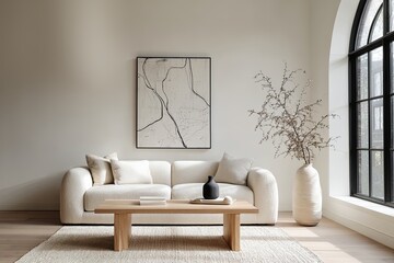 Bright modern living room featuring a cozy sofa and elegant decor elements in a serene atmosphere