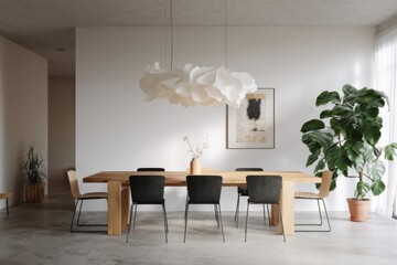 Elegant dining area featuring a long oak table set for six people with modern decor and greenery