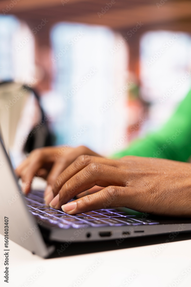 Aufkleber teleworker using laptop in home office to write emails, close up. remote employee typing on notebook