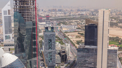Skyline view of the buildings of Sheikh Zayed Road and DIFC aerial timelapse in Dubai, UAE.